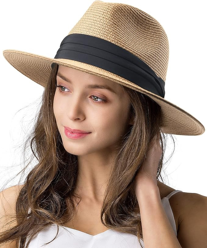 Womens Mens Wide Brim Straw Panama Hat Fedora Summer Beach Sun Hat UPF Straw Hat for Women | Amazon (US)