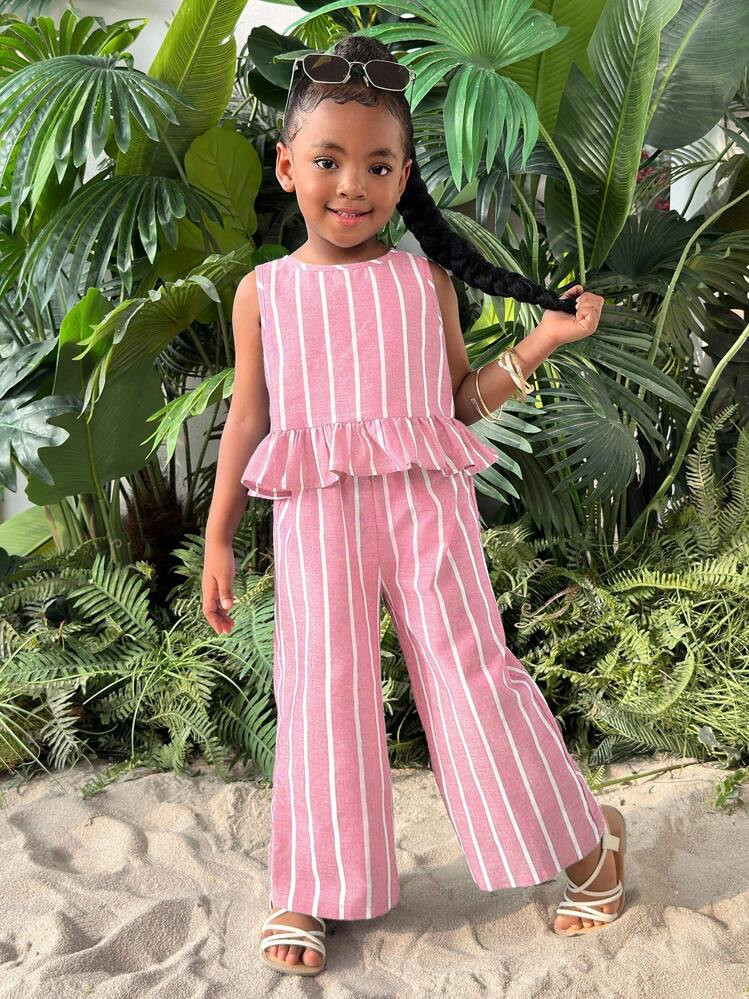 Young Girl Vacation Casual Ditsy Floral Halter Sleeveless Top And Ditsy Floral Straight Leg Pants Set | SHEIN