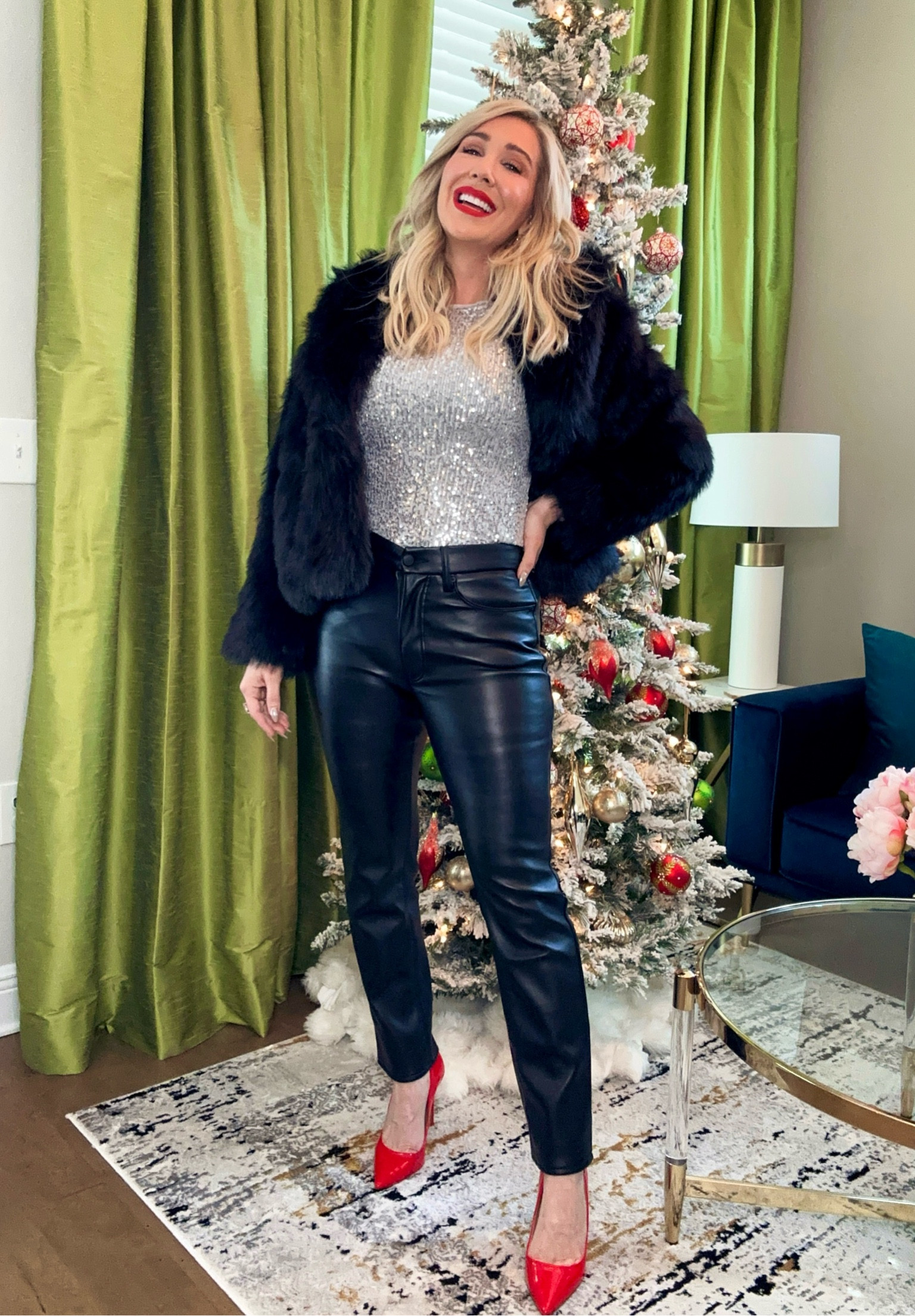Wearing size 28, medium

Holiday outfit inspo, holiday party outfit, sequin top, leather pants, red heels, nye outfit 

#LTKparties #LTKHoliday #LTKSeasonal
