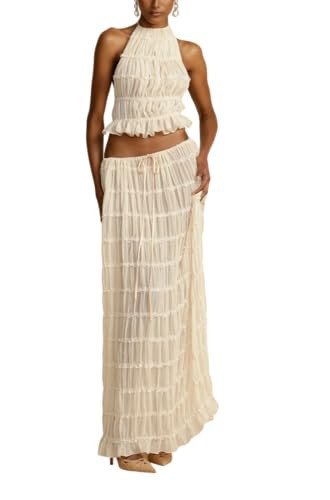 Vafect Women's 2 Piece Outfit Summer Boho Halter Crop Top and Flowy Tiered Maxi Skirt Set Ruched Vacation Resort Wear | Amazon (US)