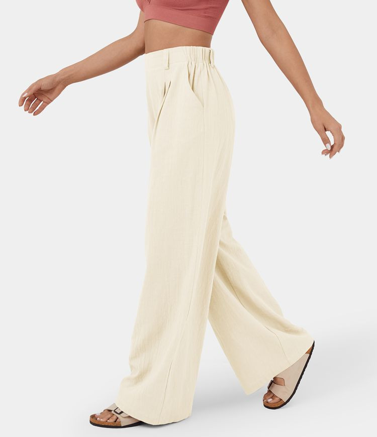 High Waisted Plicated Side Pocket Wide Leg Flowy Solid Palazzo Casual Linen-Feel Pants | HALARA
