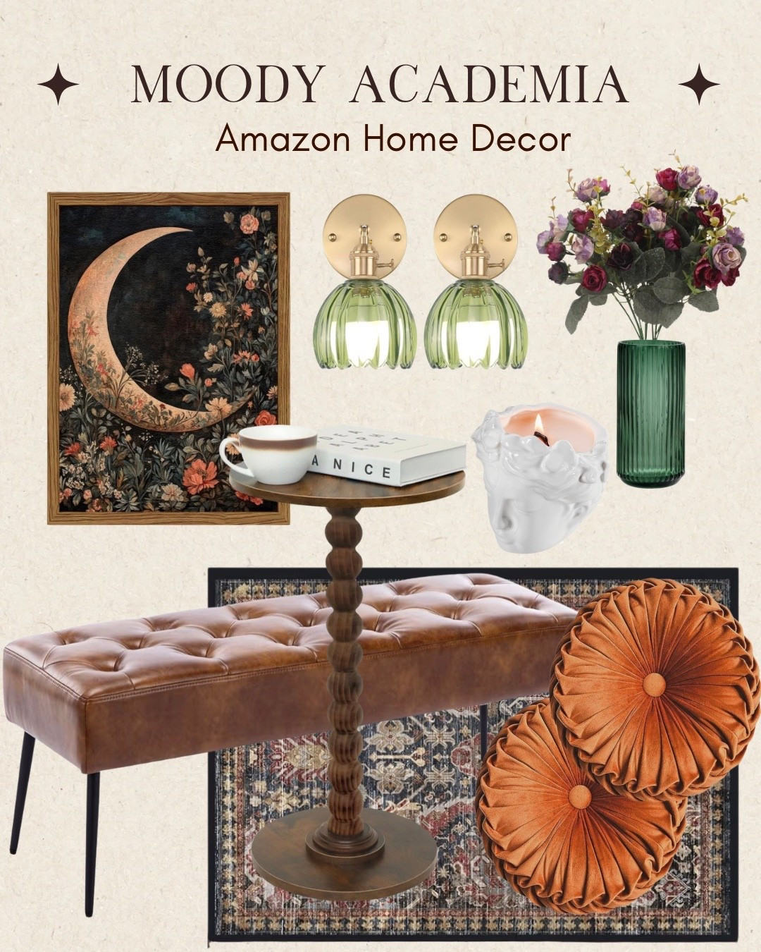 creating a moody academia space with Amazon finds ✨

Everything you need for this aesthetic:
• Celestial moon wall art
• Tufted velvet ottomans
• Green ribbed vase + faux florals
• Vintage-style sconces
• Velvet round pillows
• Pedestal side table

Save this for your space transformation.

#LTKFindsUnder100 #LTKHome #LTKFindsUnder50