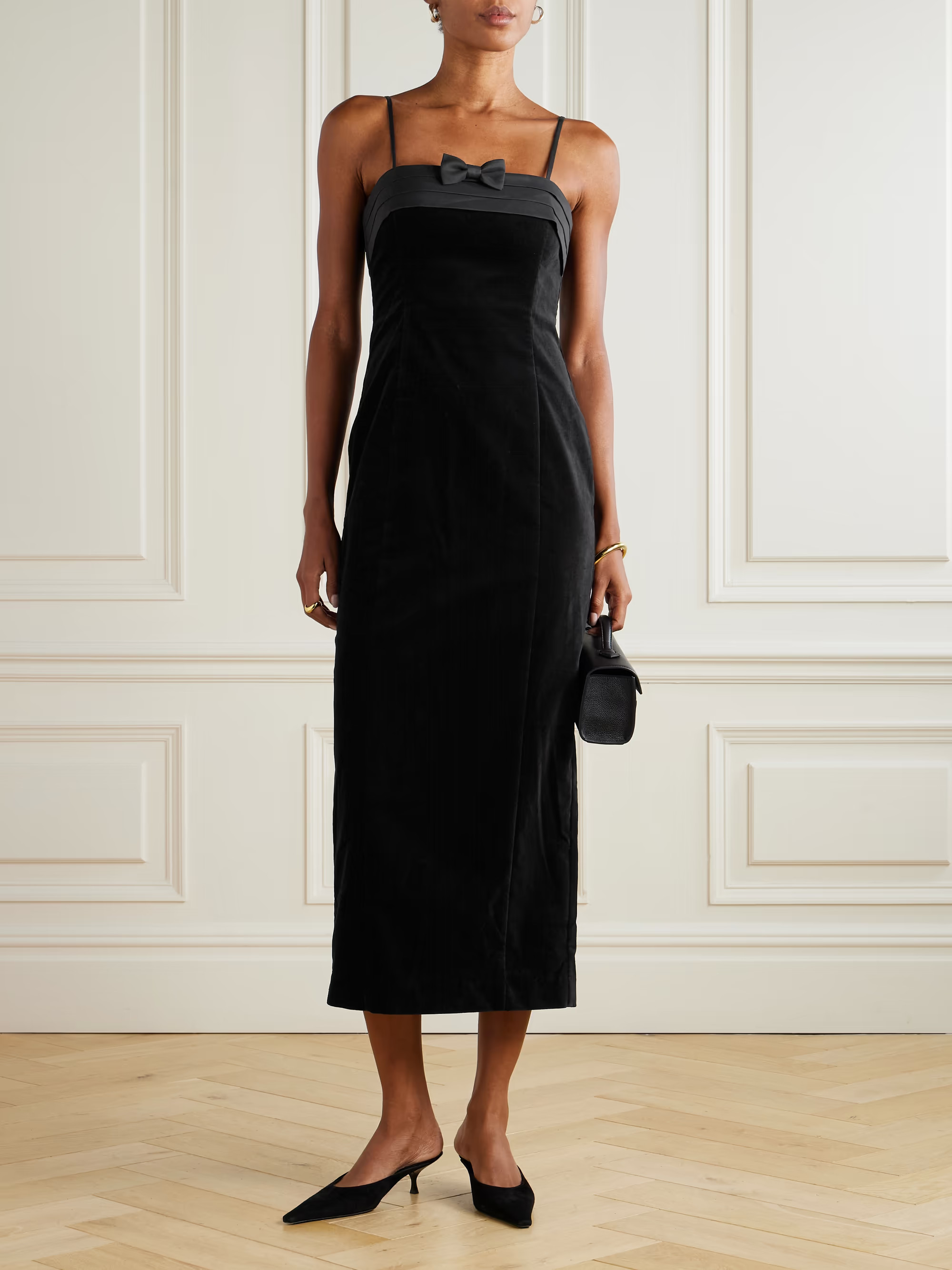 Quincy pleated bow-detailed satin-trimmed cotton-velvet midi dress | NET-A-PORTER (UK & EU)