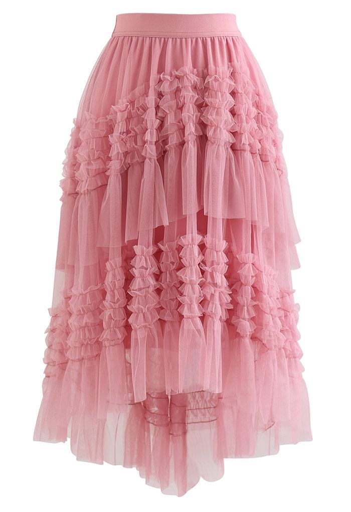 Ruffle Tiered Hi-Lo Mesh Tulle Skirt in Pink | Chicwish
