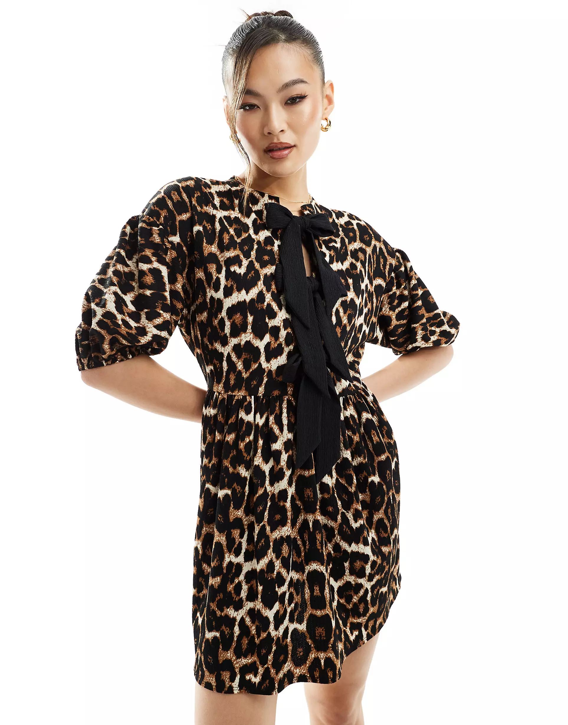 ASOS DESIGN puff sleeve tie front mini dress in leopard print | ASOS (Global)
