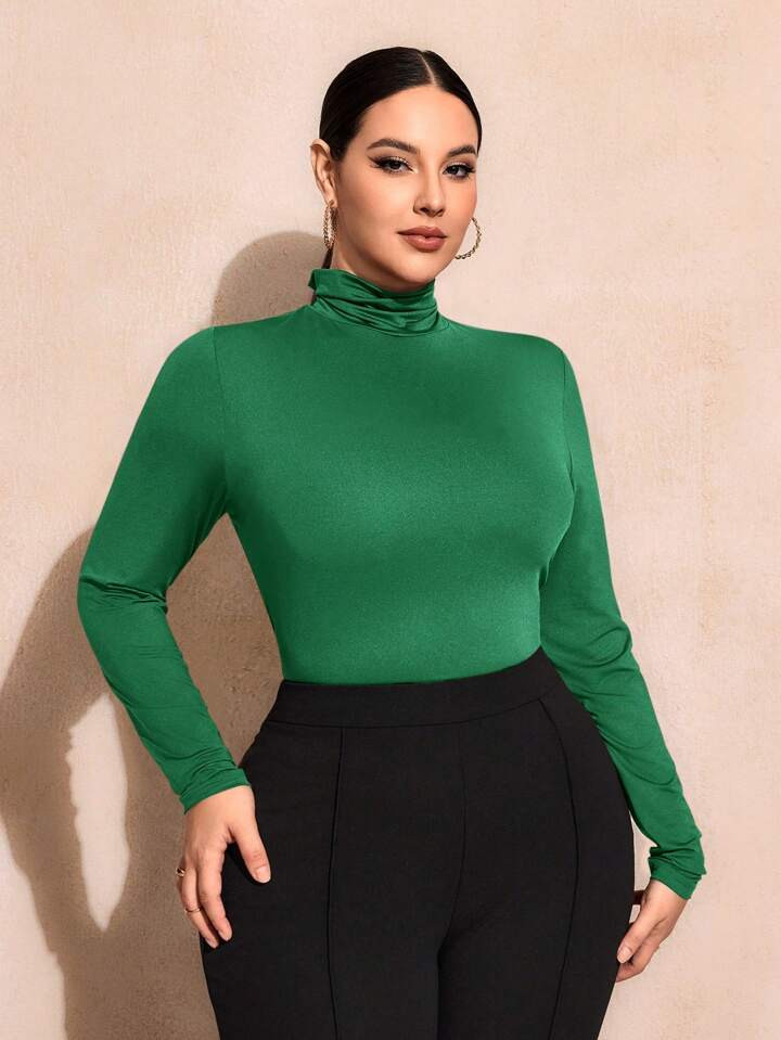 SHEIN SXY Plus Size Effen Kleur Slim Fit Hooggesloten Lange Mouw All-Match T-shirt Basic Tees | SHEIN