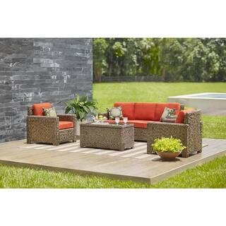 Hampton Bay Laguna Point 4-Piece Brown Wicker Outdoor Patio Deep Seating Set with CushionGuard Qu... | The Home Depot