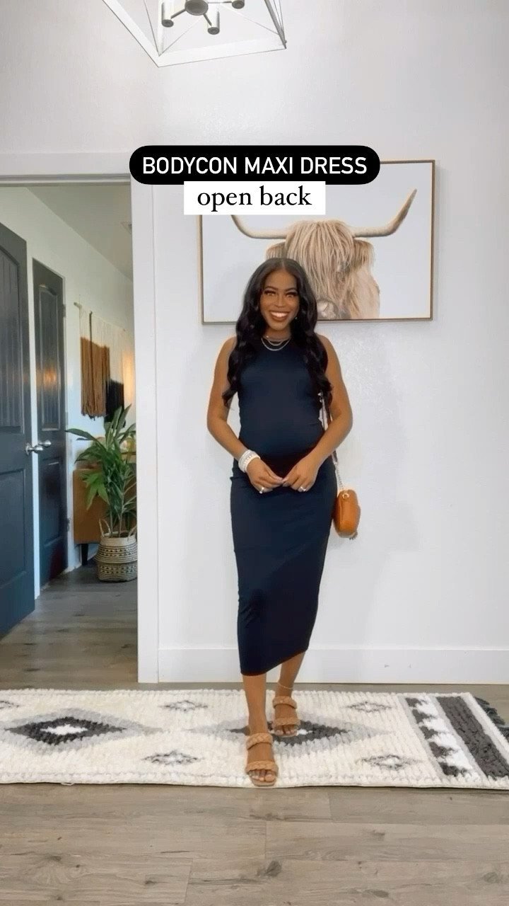 Dress: I am 5’4” soft material, wearing a small, wearing a sticky bra, has stretch, bump friendly(I am 16 weeks) and open back cutout detail. •Heels: Fit true to size. 

maxi dress, bodycon black dress, open back dress, date night dress, summer dress, spring dress, maternity dress, bump friendly dress, casual dress, dressy outfit 

#LTKunder50 #LTKbump #LTKFind