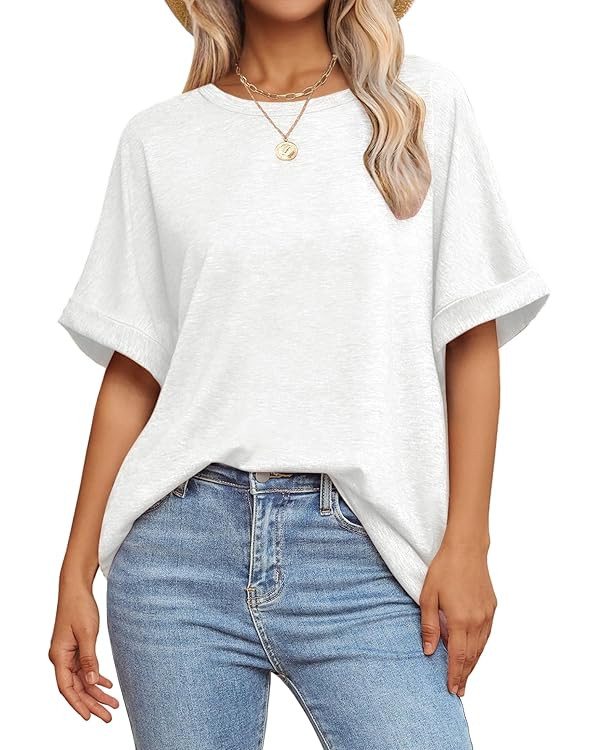 Women Oversized T Shirts Crew Neck Short Sleeve Tops Summer Dressy Casual Loose Fit Tee 2025 Tren... | Amazon (US)