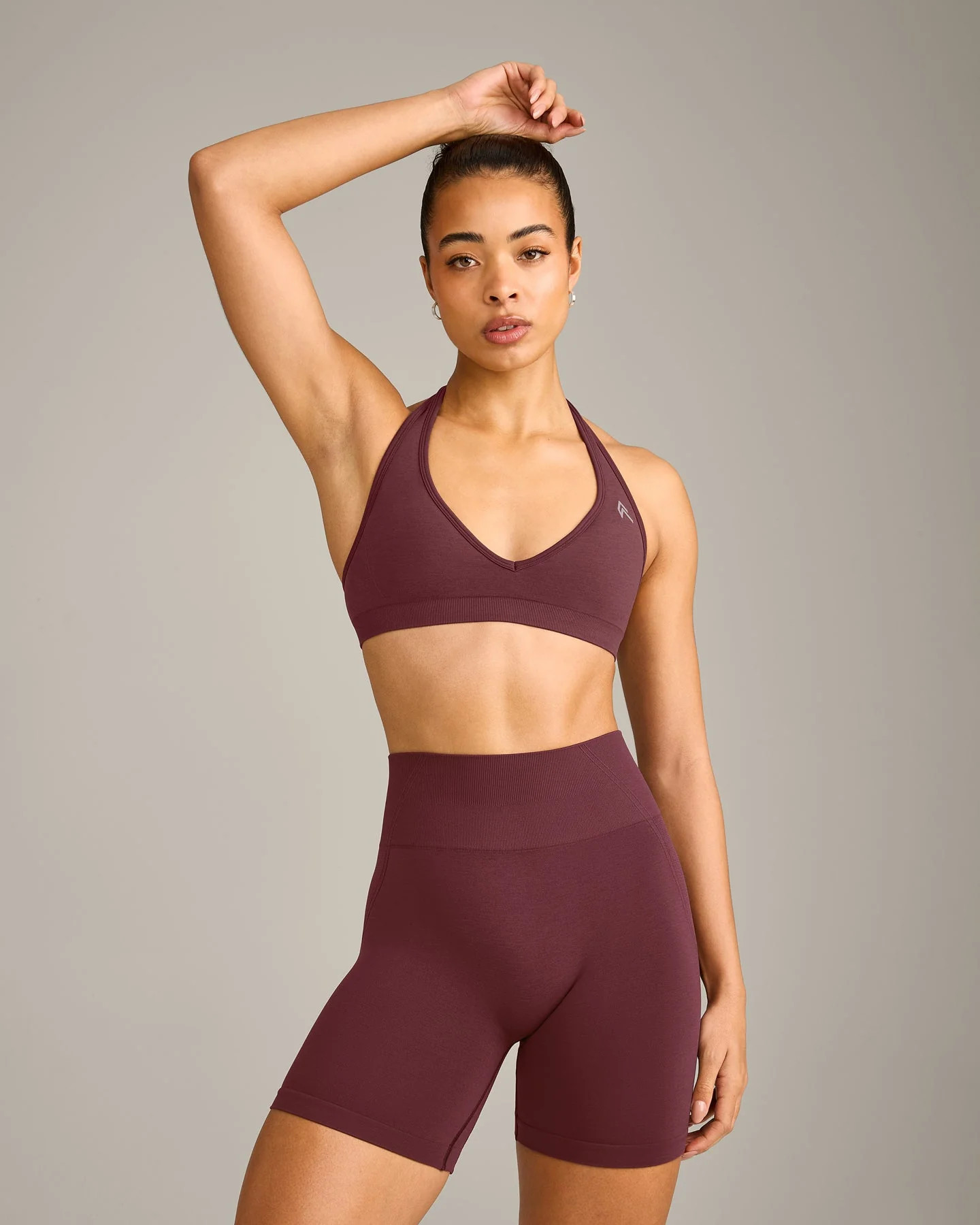EffortlessLift\u2122 Seamless Halter Neck Sports Bra with Gray Logo | Velvet Mocha | Oner Active (UK / US)