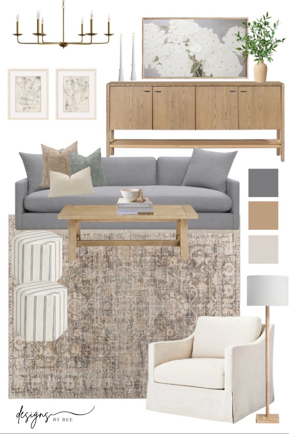 #LivingRoomInspo #GreySofa #AreaRug #OakSideboard #BrassChandelier #TexturedPillows #CoffeeTableBooks #SwivelChair #HomeStyling