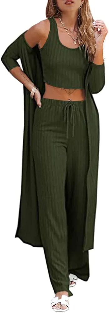 Fessceruna Womens Pajamas Set Fall Winter 3 Piece Loungewear Set Crop Top Loose Pants Cardigan | Amazon (US)