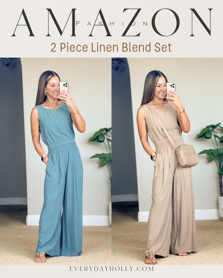 Sale! 11% off Amazon Summer Outfit Inspo | my most worn set from last yea! I am wearing a size S in the two-piece set, TTS in khaki & Lake.| I'm 5"1" and this is unaltered.  I wear them high waisted.  women's fashion, trendy fashion, two-piece linen set, Vacation, sandals, crossbody bag, resort wear, transitional outfit, Purse, crossbody, 

#LTKsalealert #LTKover40 #LTKfindsunder50