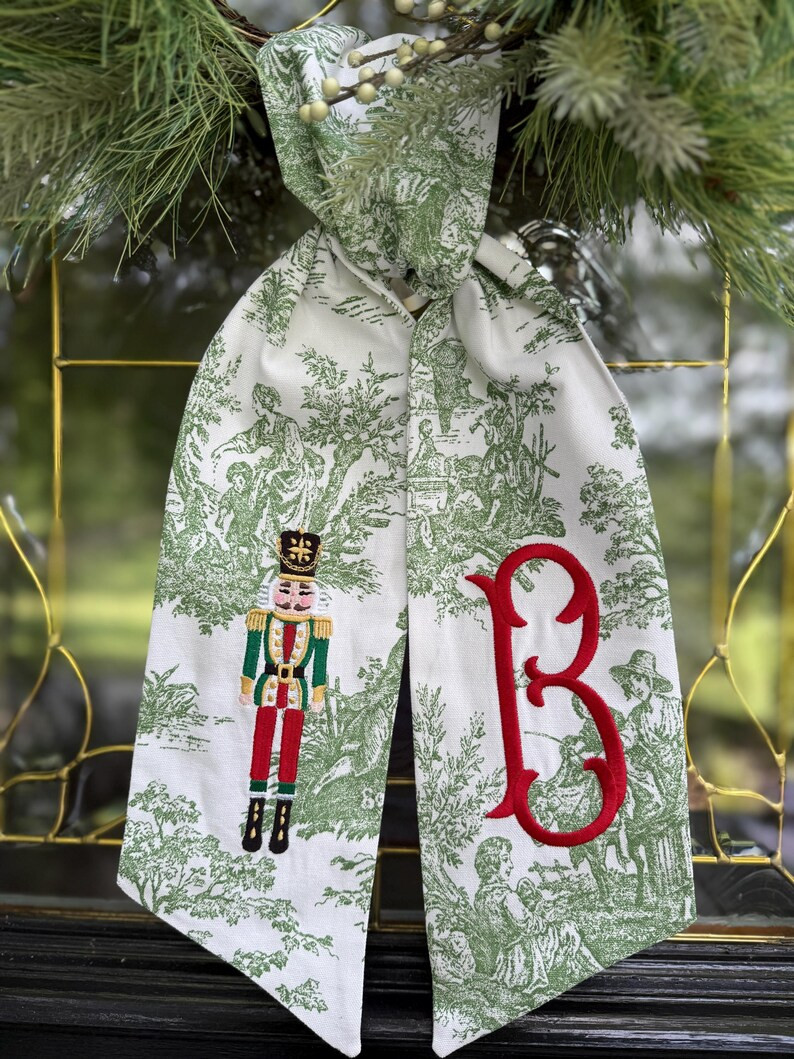 Monogrammed Nutcracker Christmas Wreath Sash: Red & Green Toile, Red/christmas Green Nutcracker -... | Etsy (US)