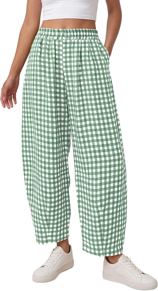 PRETTYGARDEN Plaid Barrel Pants Women Summer 2026 Casual Loose Wide Leg Lounge Gingham Trousers S... | Amazon (US)