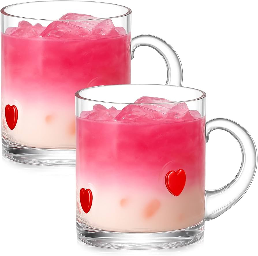 2 Pcs Valentine's Day Icon Glass Cups 14oz Heart Icon Mugs with Handle Clear Drinking Glasses Dou... | Amazon (US)