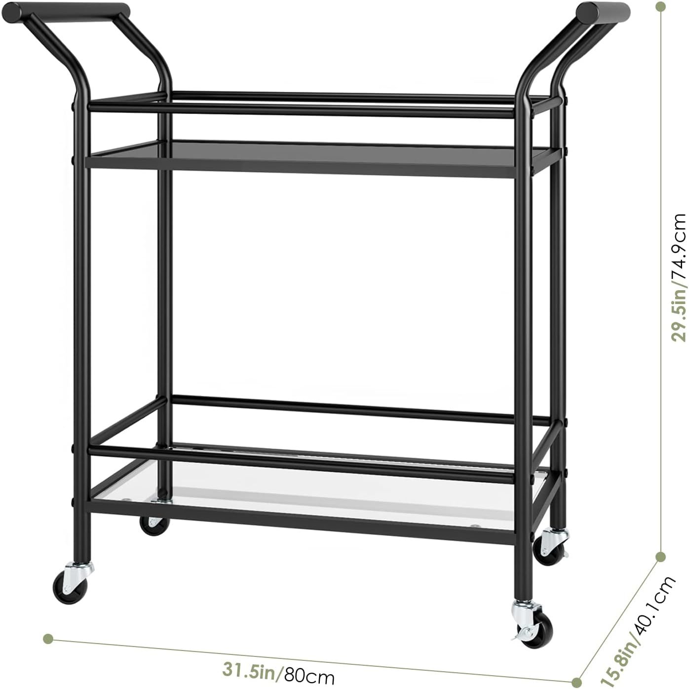 Bar Cart for Home with 2 Tier Tempered Glass Shelves, Metal Frame Bar Serving Cart with Lockable ... | Amazon (US)
