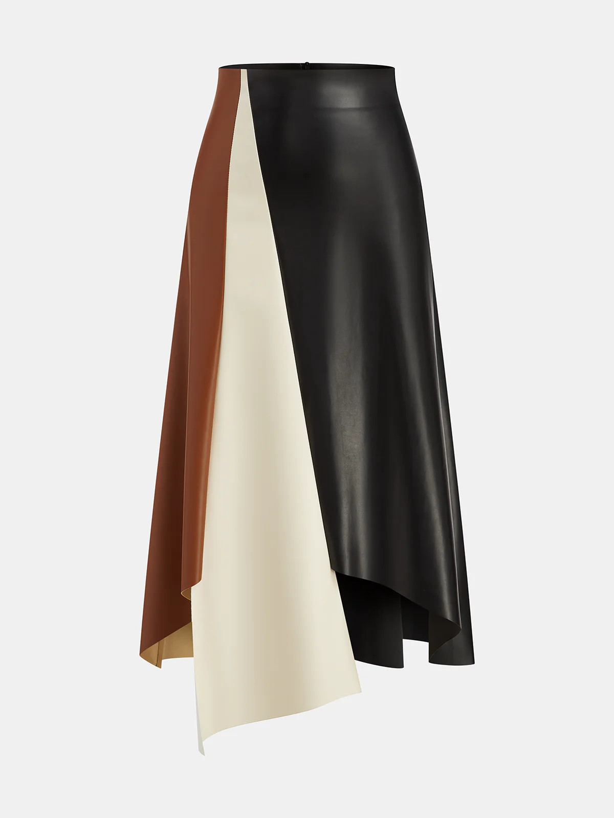 Color Block Asymmetric Faux Leather Midi Skirt | Commense