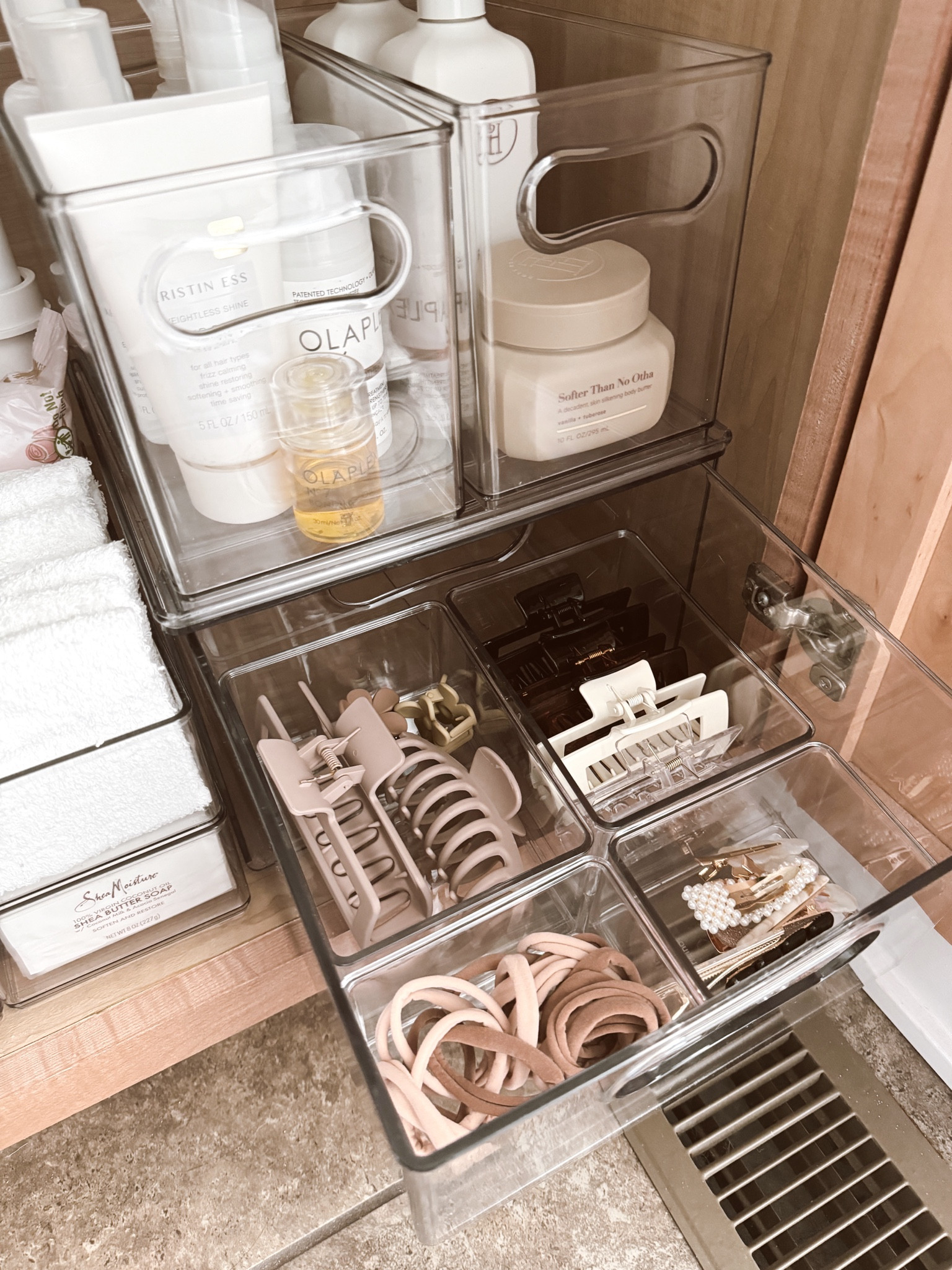 Bathroom organizer with hair and bath products!  Claw clips - hair ties - hair clips - wash cloth - walmart the home edit - home organization - olaplex 

#LTKbeauty #LTKhome #LTKsalealert