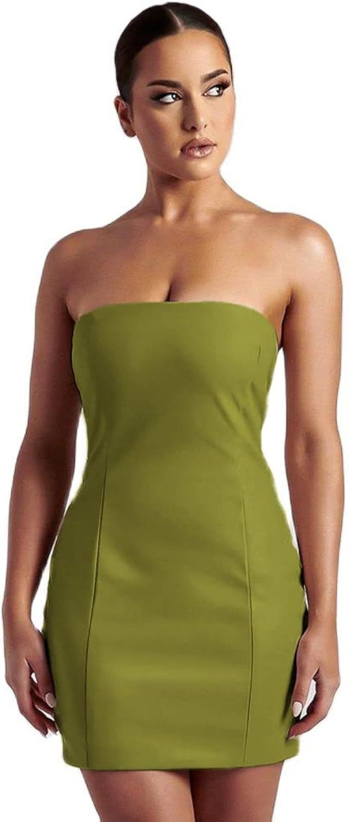 XLLAIS Women Strapless Tube Top Midi Dress Off Shoulder Bodycon Sexy Party Faux Leather Dress | Amazon (US)