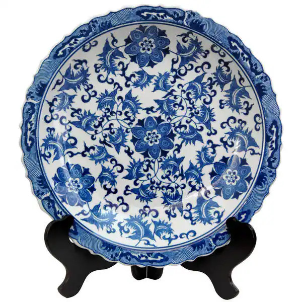 Handmade 14" Blue and White Floral Porcelain Plate - 2"H x 14" Diameter | Bed Bath & Beyond