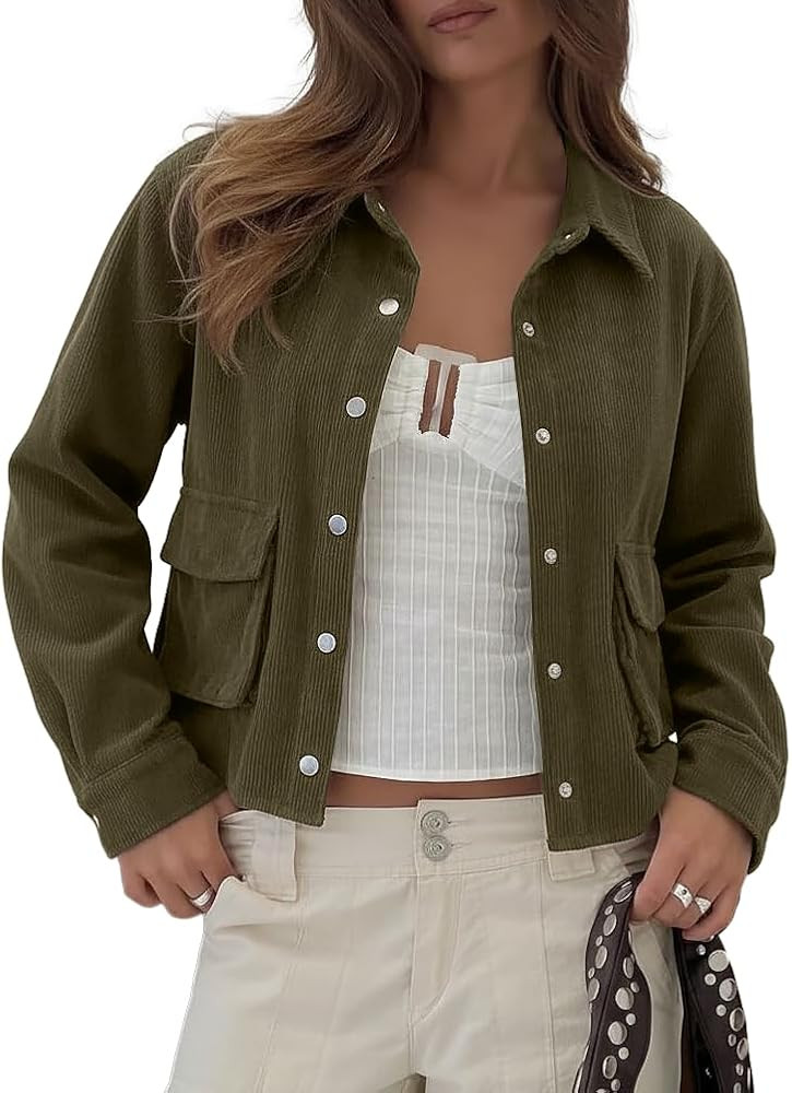 Beaully Womens Corduroy Cropped Shacket Jacket Short Button Down Long Sleeve 2026 Spring Outwear ... | Amazon (US)