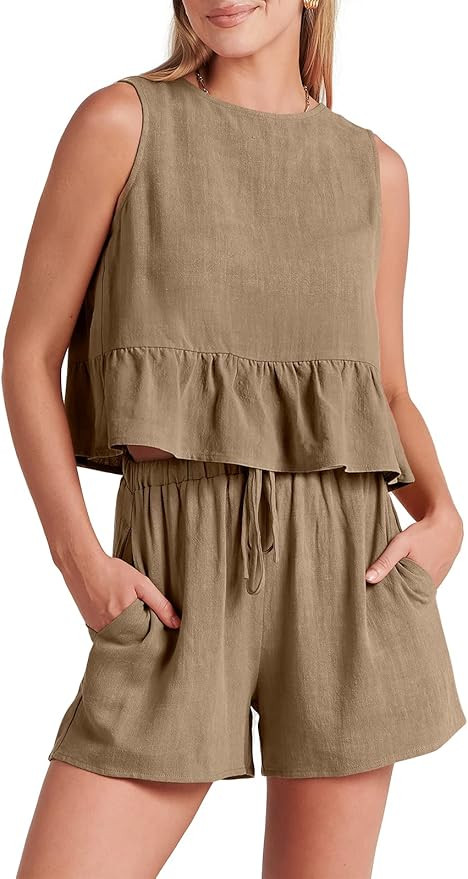 ANRABESS Women’s Summer 2 Piece Outfits Shorts Sets Sleeveless Ruffle Crop Top Tank and Drawstr... | Amazon (US)
