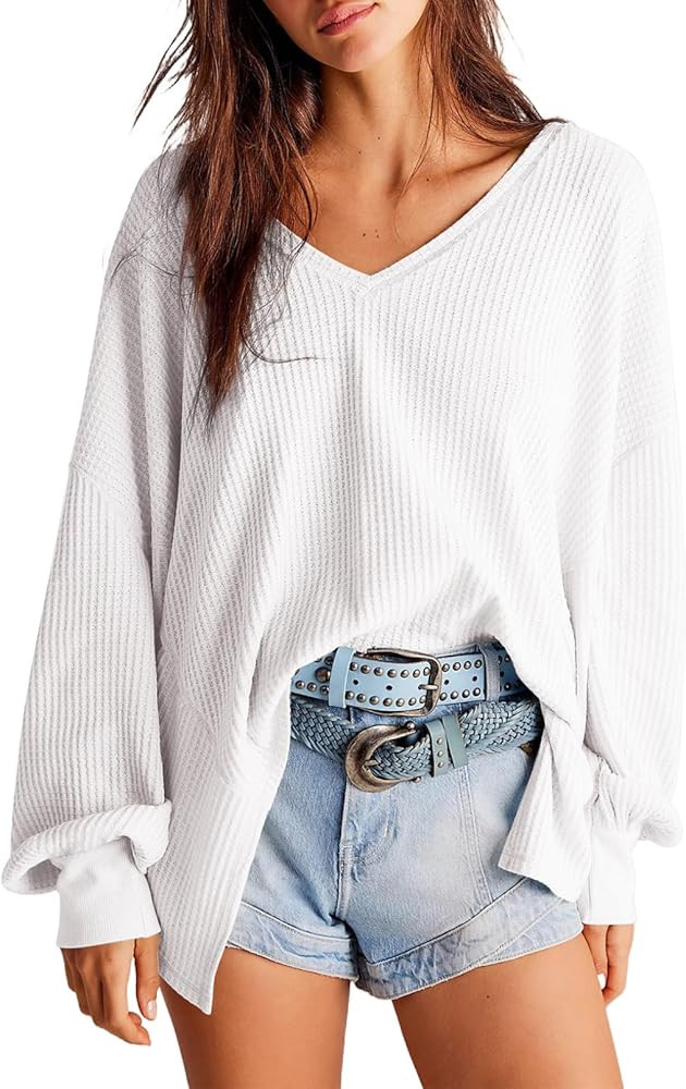 Dokotoo Womens Waffle Knit Tops 2024 Fashion Long Lantern Sleeve Casual Blouses V Neck Oversized ... | Amazon (US)