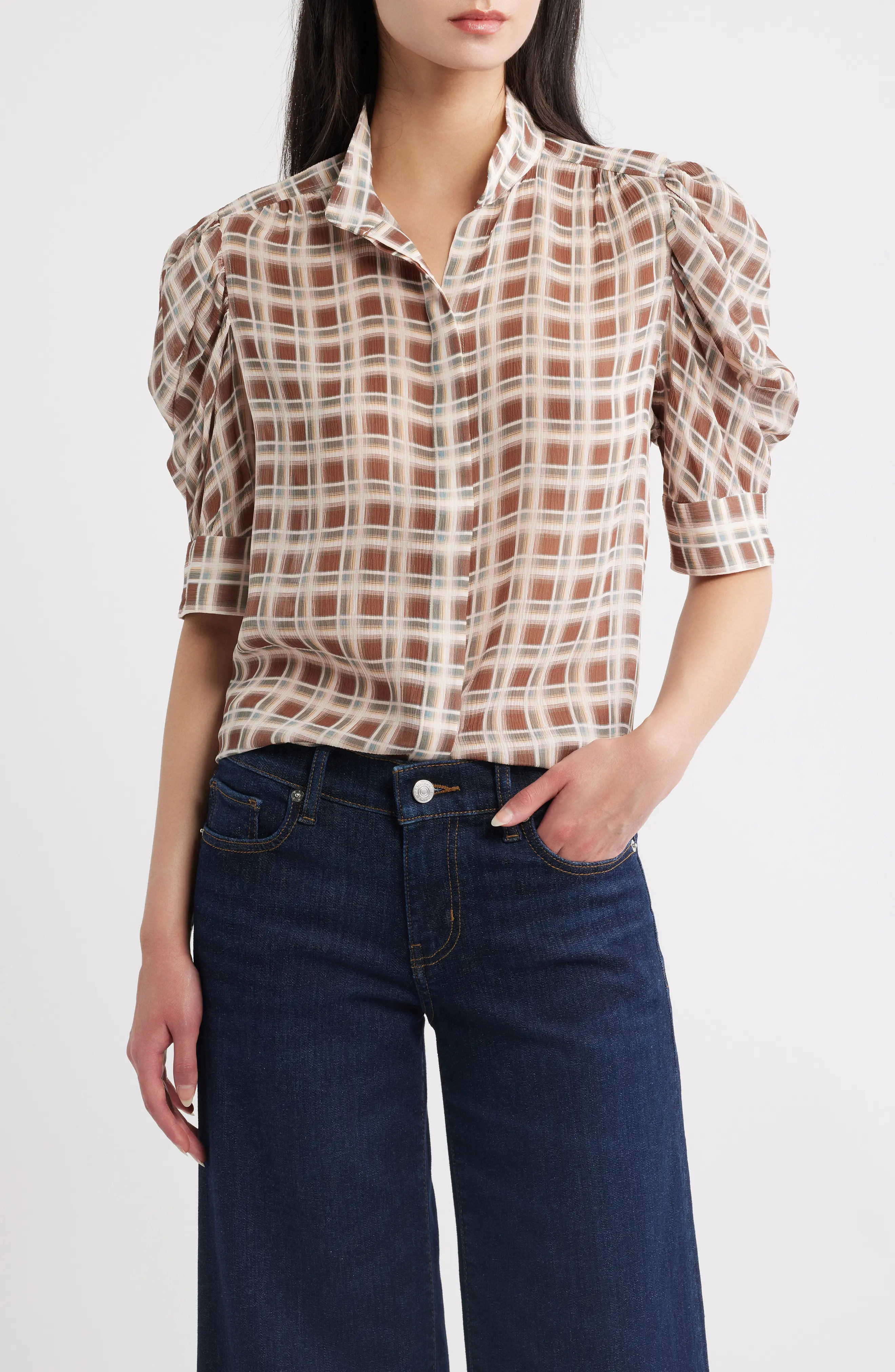 The Gillian Plaid Puff Sleeve Silk Button-Up Shirt (Women) | Nordstrom | Nordstrom
