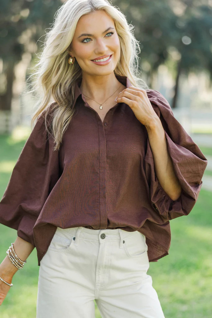 Let's Run Brown Bubble Sleeve Blouse | The Mint Julep Boutique
