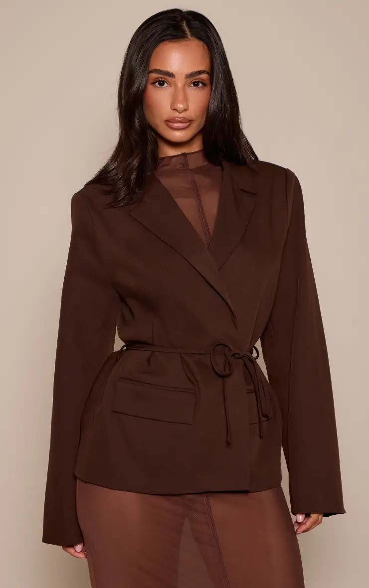 Chocolate Tie Waist Boxy Blazer | PrettyLittleThing | PrettyLittleThing UK