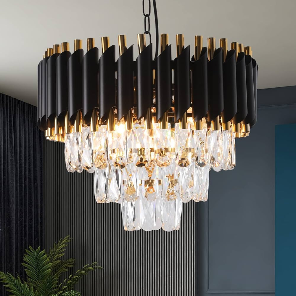 Modern Crystal Chandelier Black and Gold Chandelier 3-Tier Round Chandeliers Pendant Ceiling Ligh... | Amazon (US)