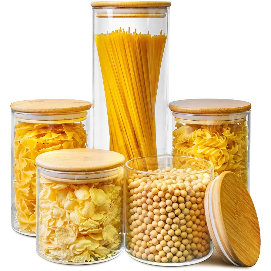 Multi Size - 5 Pack Glass Jars with Bamboo Lids, Glass Pantry Storage Containers with Airtight Li... | Amazon (US)