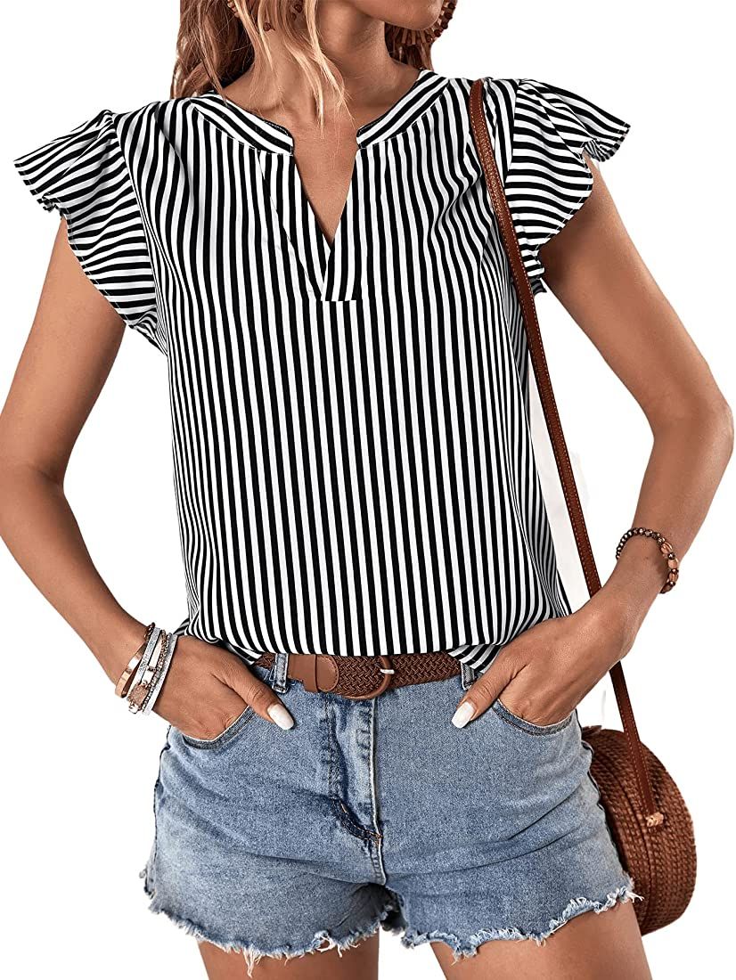 Floerns Women's Striped Notched V Neck Ruffle Cap Sleeve Blouse Tops | Amazon (US)