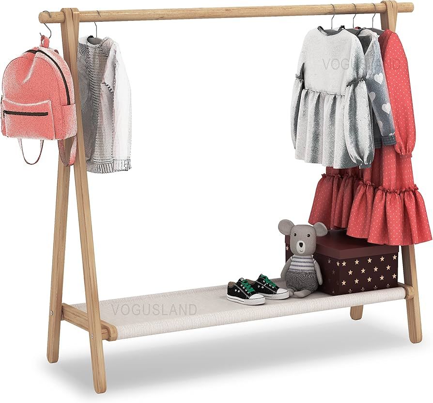 VOGUSLAND Dress up Rack, Child Garment Rack, Kids Clothing Rack with Storage Shelf (Natural Beech... | Amazon (US)