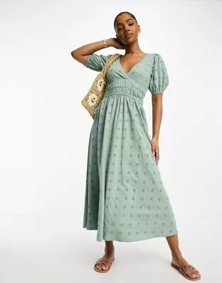 ASOS DESIGN eyelet puff sleeve midi tea dress with shirred waist in sage green | ASOS (Global)