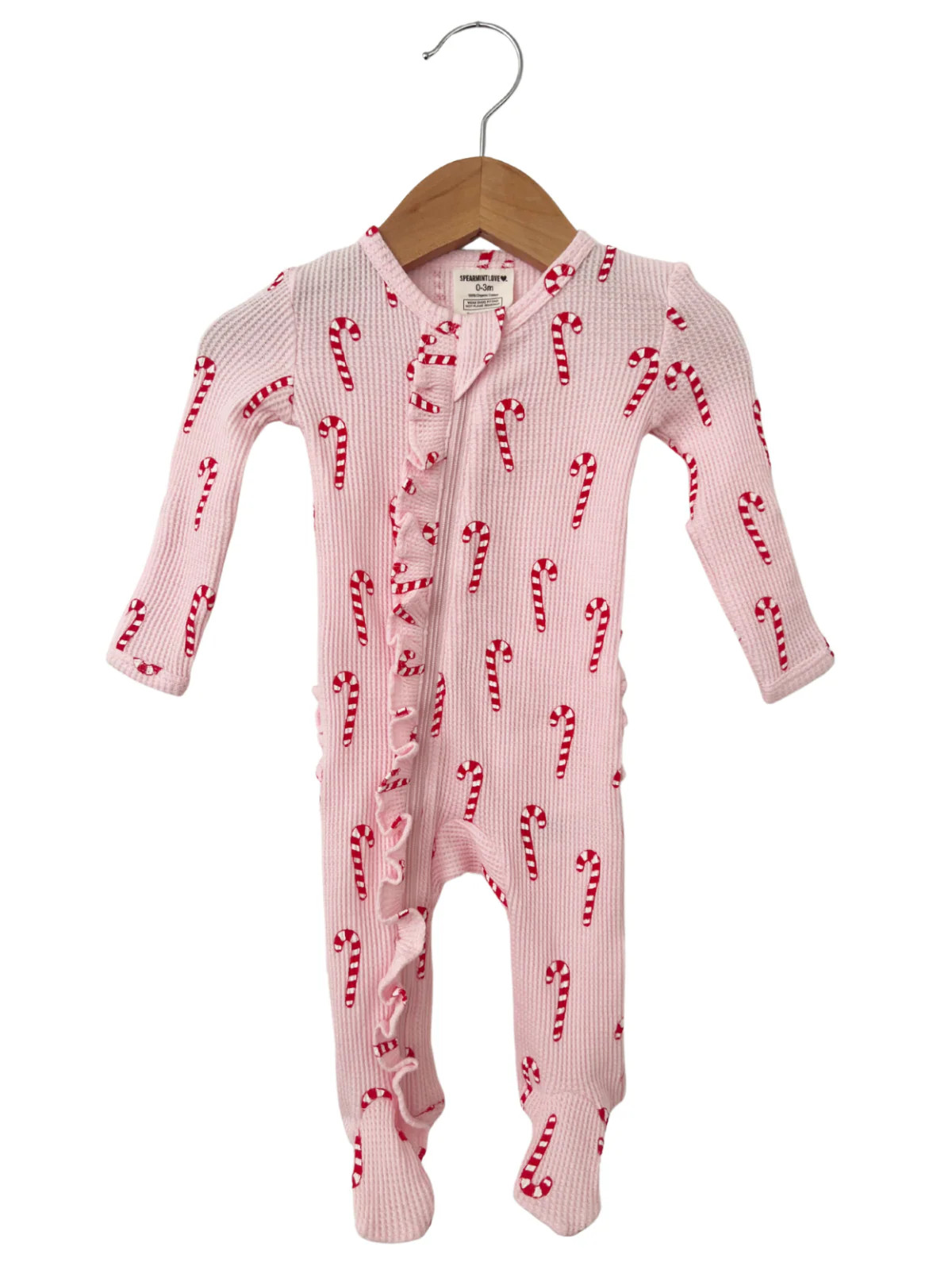 Organic Waffle Ruffle Zip Footie, Pink Candy Cane | SpearmintLOVE