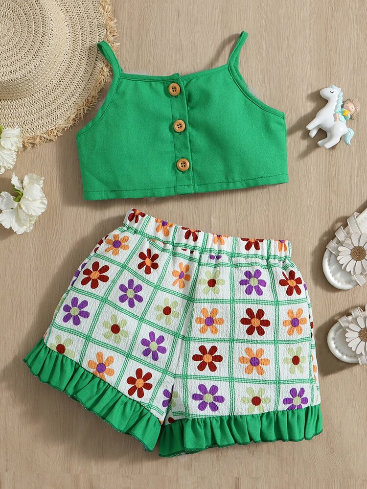 SHEIN Toddler Girls Cami Top & Floral Print Ruffle Hem Shorts | SHEIN