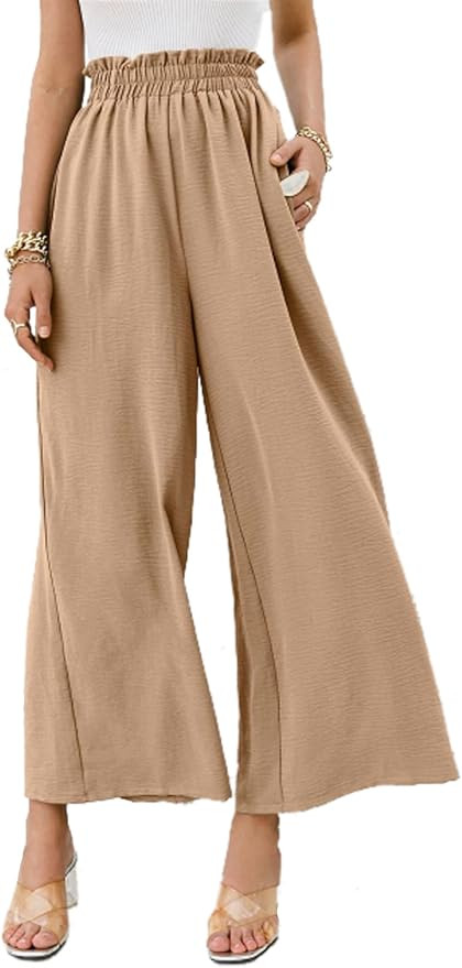 Hotouch Women High Waist Wide Leg Pants Ruffled Casual Cropped Trousers with Pocket | Amazon (US)