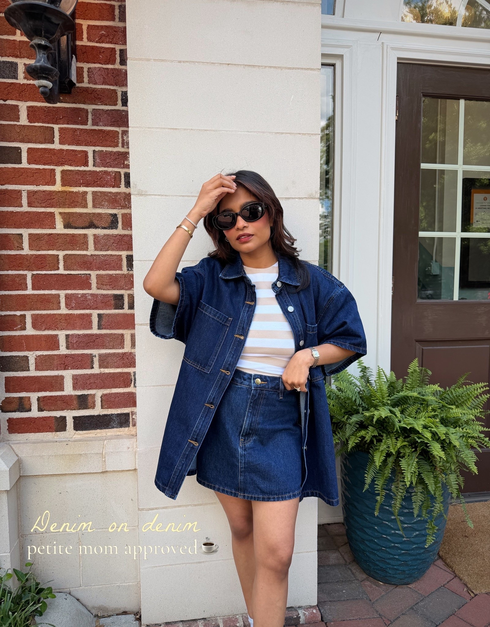 Petite mom coffee run outfit for summer 

Wearing:
Xs in bodysuit 
US 4 in denim skirt/skort 
US 2 in shirt/denim jacket (runs big)

#LTKmomlife #LTKootd #LTKPetite