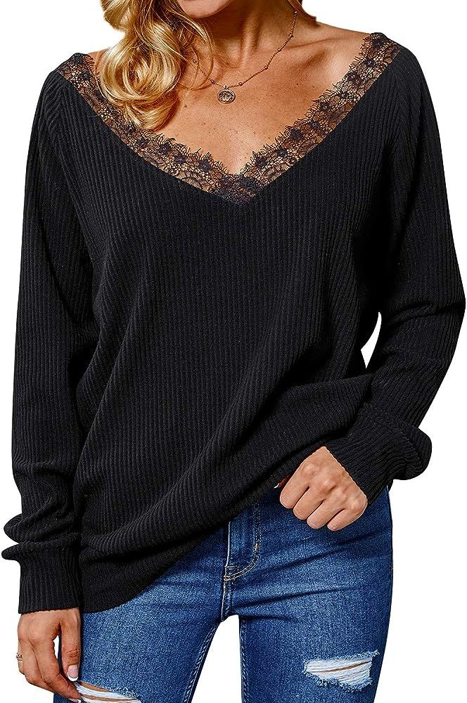 FEMLE Women's Deep V Neck Shirts Off The Shoulder Lace Neck Long Sleeve Pullover Sweater Tops | Amazon (US)