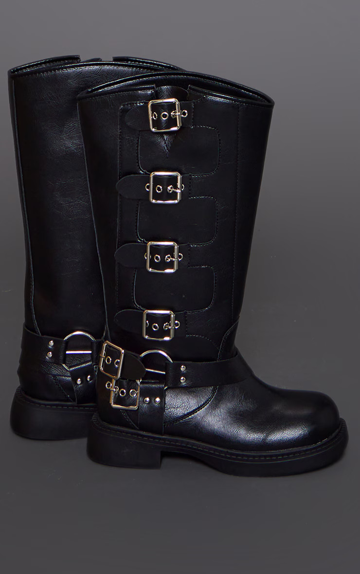 Black Faux Leather Square Toe Buckle Detail Knee Boots | PrettyLittleThing US