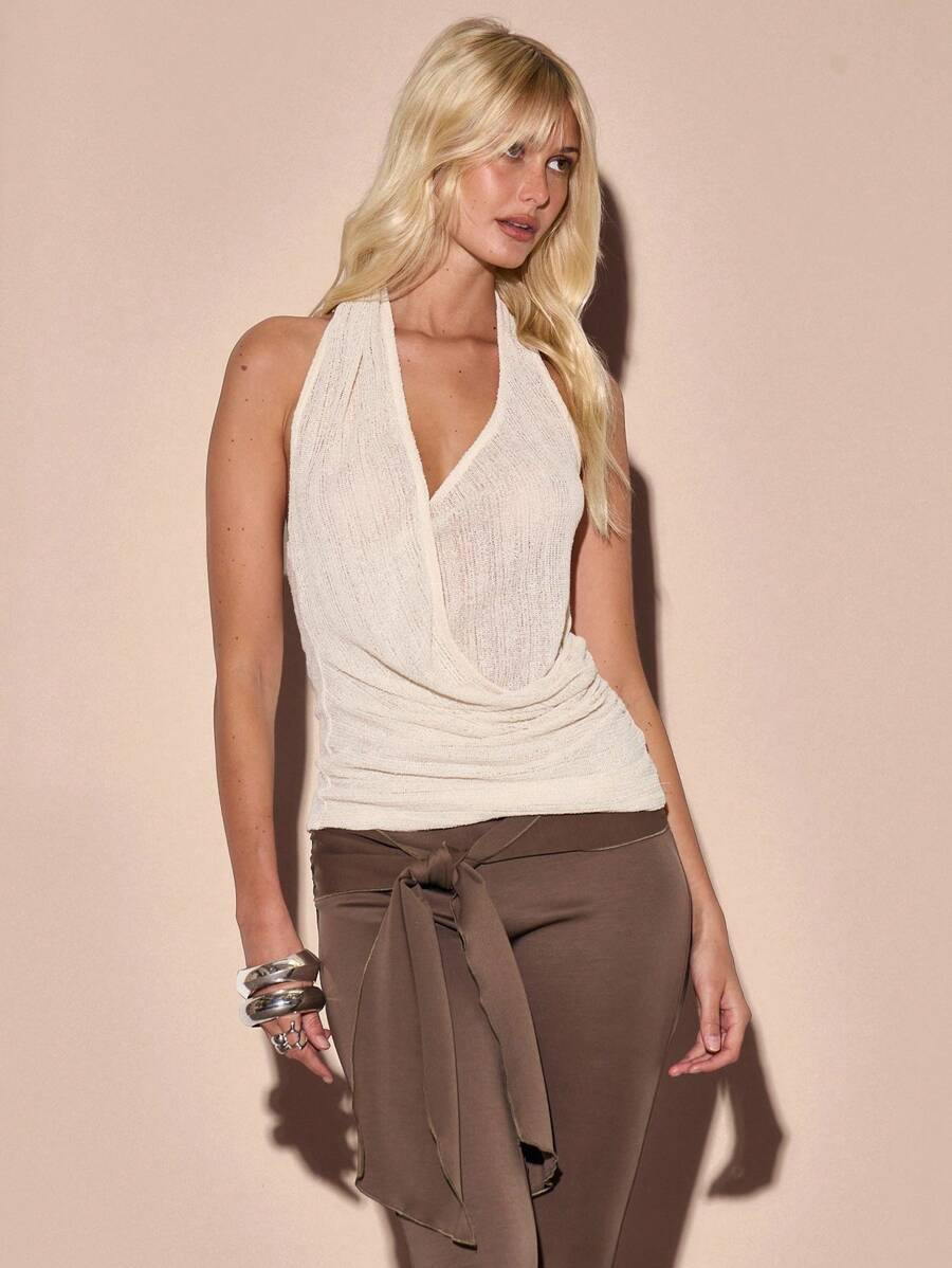 MUSERA Halterneck Lightweight Knit Wrap Drape Front Fitted Longline Sleeveless Top Summer Vacatio... | SHEIN