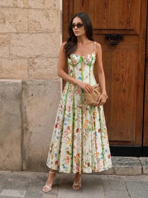 Corset Seam Tropical Print Swing Dress | Commense