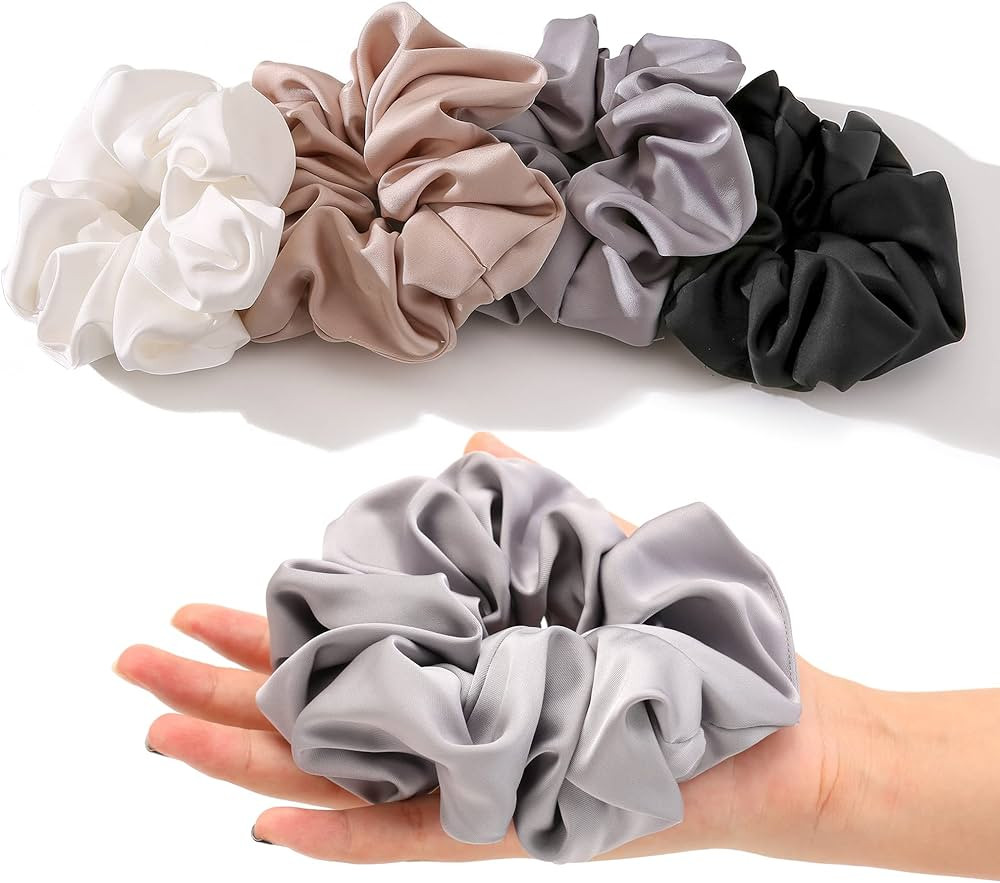 4PCS Large Satin Silk Scrunchies for Women - Big Glossy Scrunchie for Thick Hair Girl Hair Ties P... | Amazon (US)