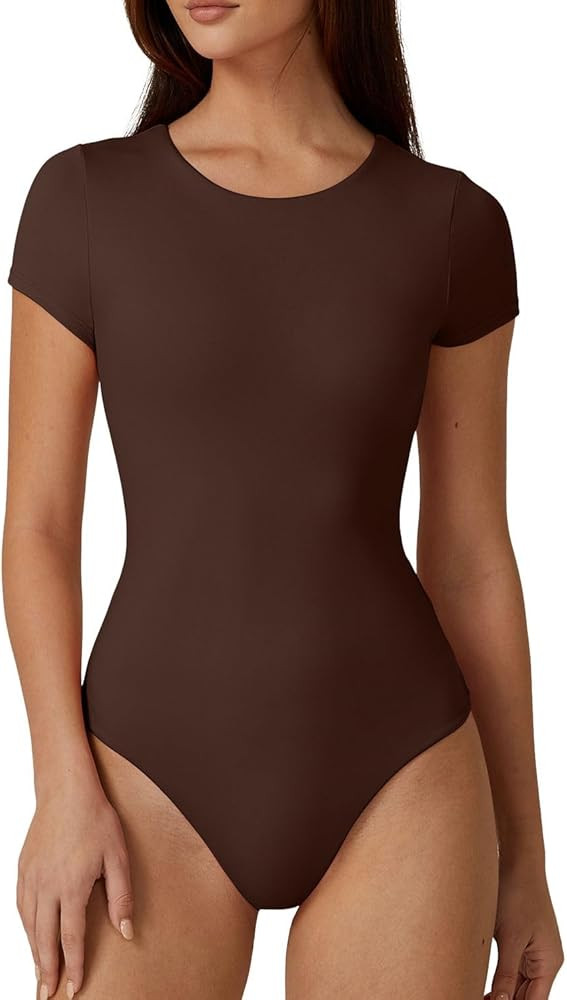 QINSEN Women's Crew Neck Short Sleeve Bodysuit Double Lined Body Suits Basic T-shirt Tops | Amazon (US)