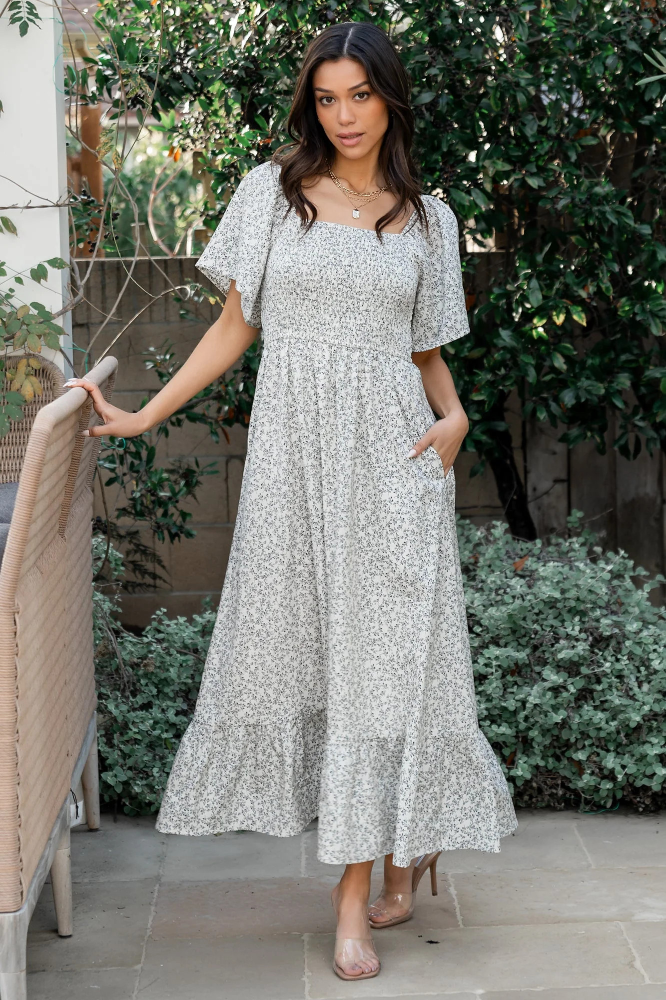 Cassis Smocked Midi Dress | Ivory + Black Floral | Baltic Born