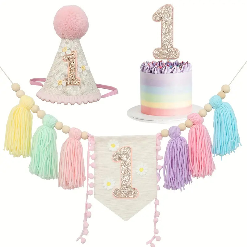 Macaron Daisy Highchair Banner Set Glittery Number 1 Cake - Temu | Temu Affiliate Program
