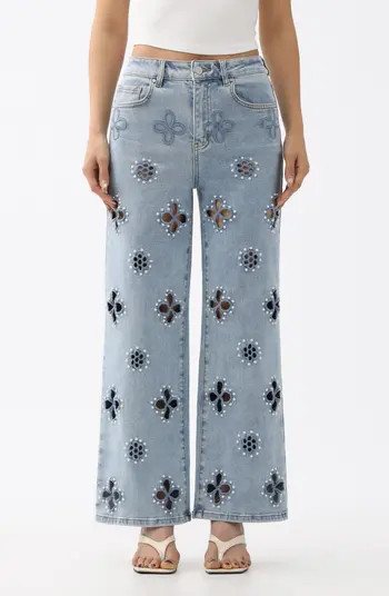 Studded Eyelet High Waist Straight Leg Jeans | Nordstrom