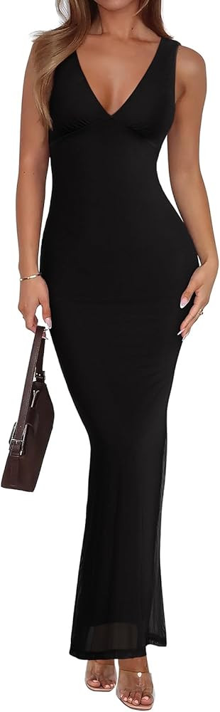 REORIA Women's Summer V Neck Sleeveless Wedding Guest Maxi Dress Sexy Mesh Bodycon Long Dresses | Amazon (US)